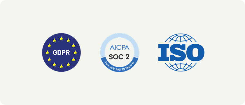 Three icons: GDPR, AICPA SOC-2 and ISO